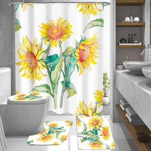 Non Slip Sunflower Pattern Toilet Cover Mat Polyester Fabric Shower Curtains Set For Bathroom