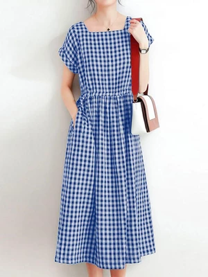 Women Squre Neck Plaid Calf Length Side Pockets Casual Midi Dresses