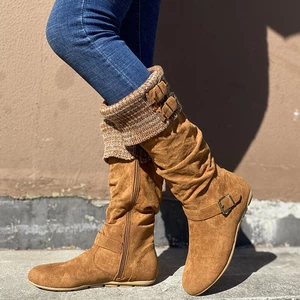 Women Plus Size Buckle Decor Suede Woolen Warm Zipper Flat Knee Boots