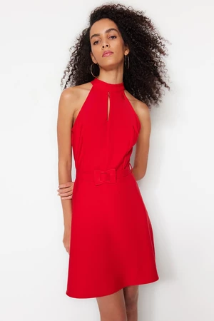 Trendyol Red Belted A-Cut Mini Woven High Neck Woven Dress