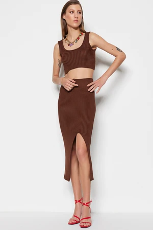 Trendyol Brown Crop Knitwear Slit Detailed Top-bottom Set