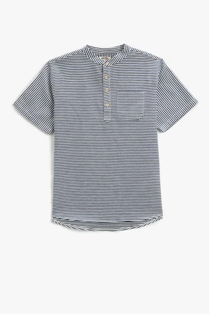 Koton Mandarin Collar T-Shirt Short Sleeved One Pocket Striped Cotton