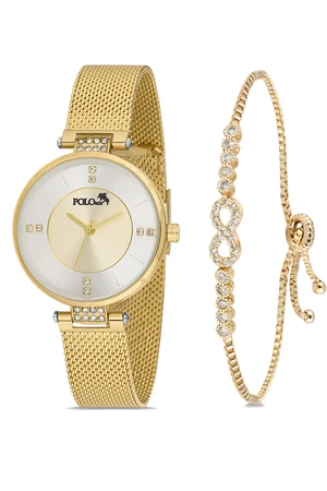 Polo Air Stylish Wicker Cord Women's Wristwatch Zircon Stone Infinity Bracelet Combination Gold Color