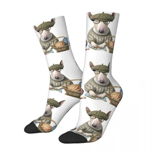 Retro Watercolor Men's Socks Bull Terrier Pet Dog Unisex Novelty Seamless Printed Crazy Crew Sock Gift