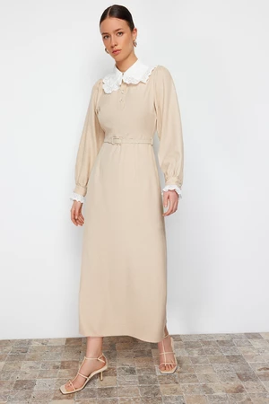 Trendyol Beige Collar and Sleeve Lace Detailed A-Line Woven Dress