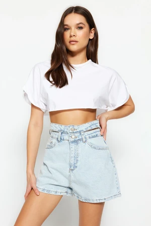 Trendyol Light Blue High Waist Denim Shorts With Waist Detail