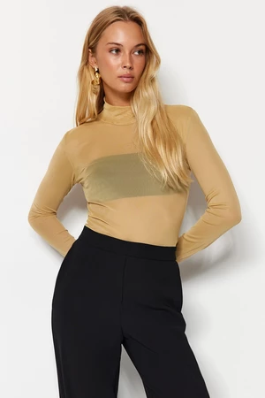 Trendyol Beige Fitted High Neck Tulle Knitted Blouse
