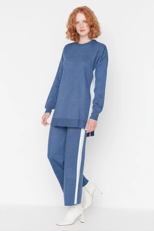 Trendyol indigový pruhovaný sveter-nohavice pletený set