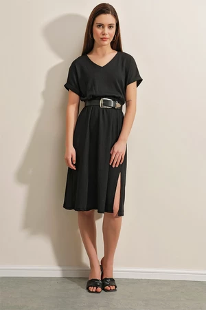 Bigdart 2378 V-Neck Knitted Dress with Slits - Black