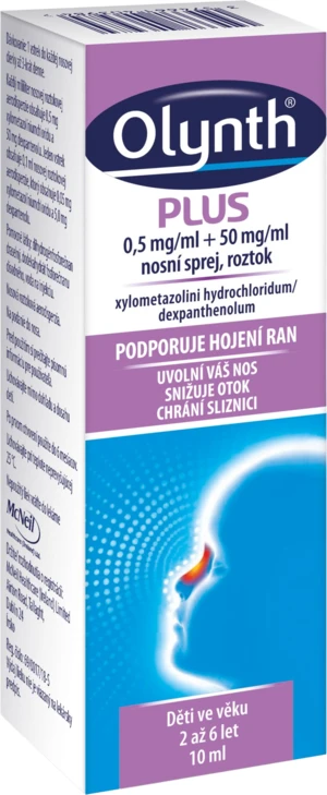 Olynth Plus 0,5 mg/ml + 50 mg/ml nosní sprej, roztok pro léčbu rýmy u dětí od 2 let, 10 ml