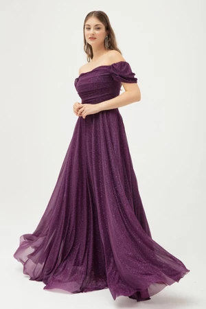 Lafaba Women's Plum Boat Neck Draped Long Glittery Evening Dress with a Slit.