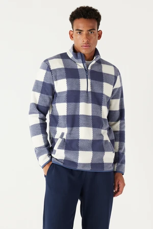 AC&Co / Altınyıldız Classics Men's Ecru Indigo Standard Fit Normal Cut Stand-Up Bato Collar Fleece Sweatshirt