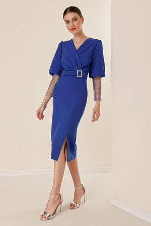 By Saygı Double-breasted Collar Waist with Buckles, Fishnet Beads Detailed, Balloon Sleeves Wide Body Space Dress in Saks.