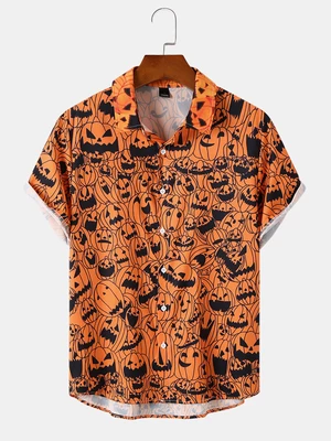 Mens Halloween Pumpkin Evil Face Print Short Sleeve All Matched Shirts