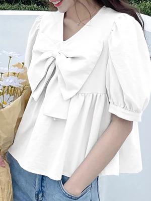 Solid Bowknot Puff Sleeve Casual V Neck Blouse