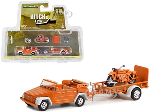 1973 Volkswagen Thing (Type 181) Convertible Orange and 1920 Indian Scout Motorcycle Orange with Utility Trailer "Hitch &amp; Tow" Series 26 1/64 Die