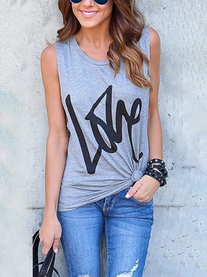Grey Letter Pattern Round Neck Sleeveless Basic Casual Tank Top