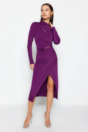 Trendyol Plum Purple Fitted Evening Dress with Window/Cut Out Details