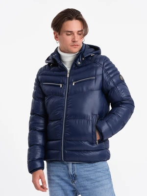 Ombre Men's winter quilted jacket with decorative zippers - dark blue