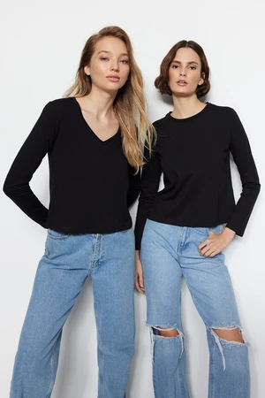 Trendyol Black 100% Cotton 2-Pack Basic Cycling and V-Neck Knitted T-Shirts