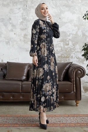 InStyle Luis Chiffon Dress with Lace Collar - Black