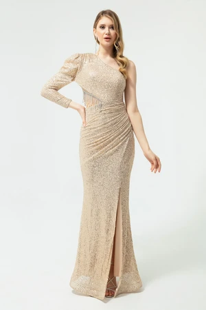 Lafaba Women's Beige One Sleeve Long Evening Dress with Sequins And Stones.