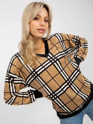 Camel and black plaid velour blouse from RUE PARIS