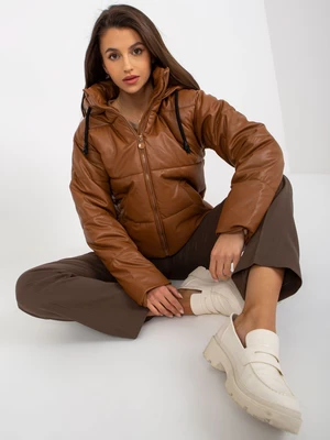Light brown down jacket made of artificial leather with hood