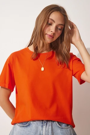 Happiness İstanbul Women's Orange Crew Neck Cotton Loose Knitted T-Shirt
