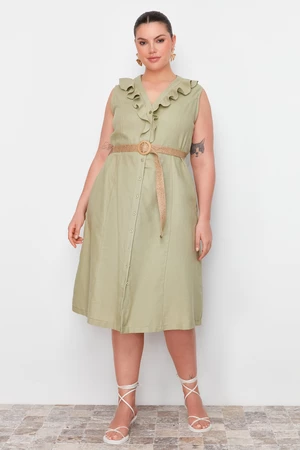 Trendyol Curve Green Straw Belt Woven Dress