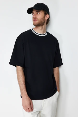 Trendyol Black Oversize Collar Detailed Label 100% Cotton T-Shirt