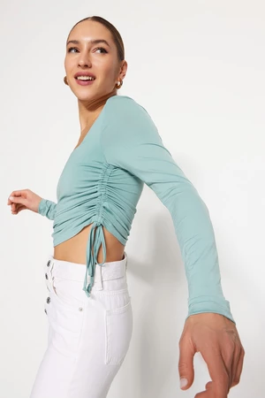 Trendyol Dark Mint Square Collar Shirred Knitted Blouse