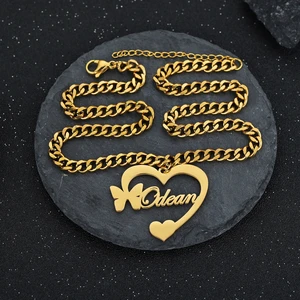 Personalized Butterfly Nameplate Necklace Half Heart Couple Family Love Customized Double Name Necklaces For Women Jewelry Gifts