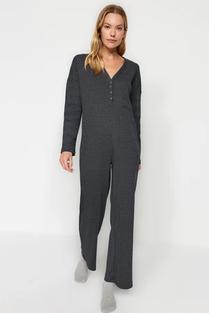 Trendyol Anthracite Pocket and Button Detailed Ribbed Cotton Knitted Jumpsuit