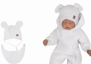 Z&amp;Z Dvouvrstvá pletená čepice na zavazování s šátkem 2v1, Méďa - bílá, vel. 80 (9-12m)