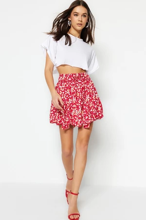 Trendyol Pink Floral Patterned Skirt With Ruffles, Normal Waist, Mini Crepe Knitted Skirt