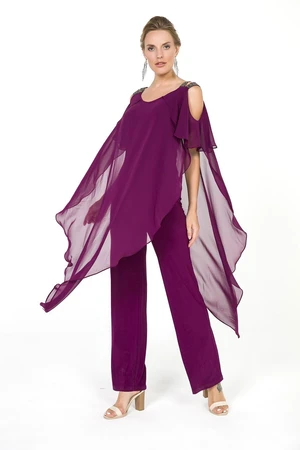 By Saygı Stony Shoulders Chiffon Lycra Jumpsuit Plum