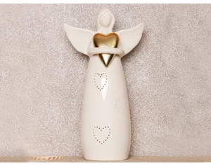 Dekoračná soška LED anjel so zlatým srdcom, biela%