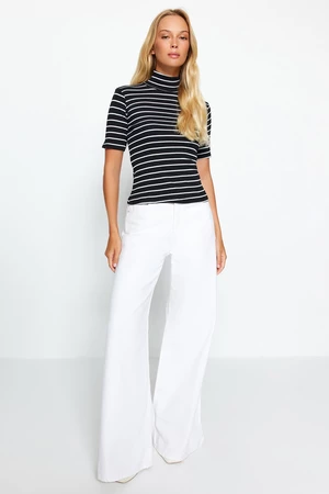 Trendyol Black Striped Standing Collar Fitted/Simple Short Sleeve Flexible Ribbed Knitted Blouse