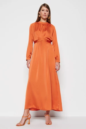 Trendyol Orange Evening Dress in Satin with Belted Waist