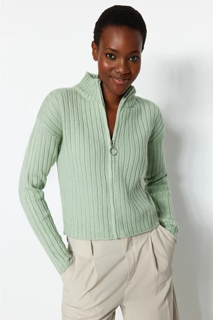 Trendyol Mint Měkký texturovaný pletený svetr na zip