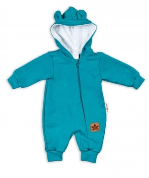 Baby Nellys Teplákový overal s kapucí Teddy - tyrkysový, vel. 56 (1-2m)