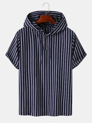 Mens Striped Quarter Button Daily Short Sleeve Hooded T-Shirts