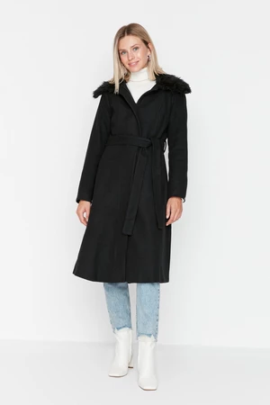 Trendyol Black Collar, Furry and Belted Long Coat