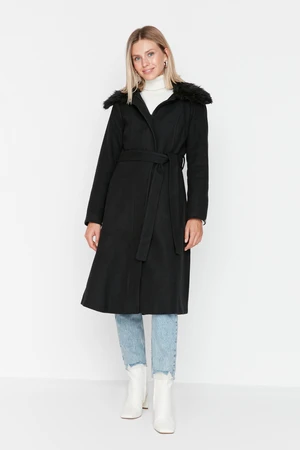 Trendyol Black Collar, Furry and Belted Long Coat