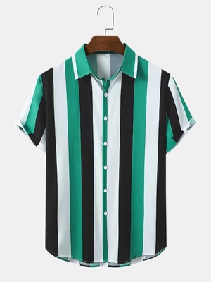 Mens Colorful Striped Button Front Preppy Short Sleeve Shirts