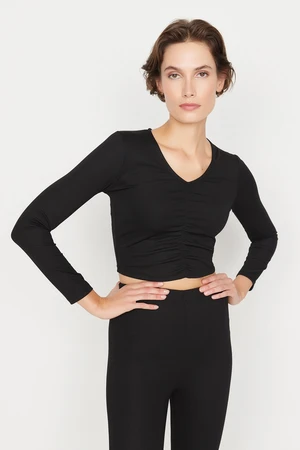 Trendyol Black Ruffle Detailed V-Neck Ribbed Flexible Knit Top-Upper Set