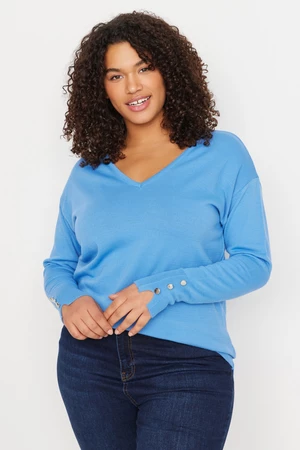 Trendyol Curve Light Blue V-Neck Button Detailed Knitwear Sweater