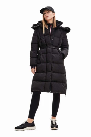 Kabát Desigual 23WWEWAZ WOMAN WOVEN PADDED LONG OVERCOA dámsky, čierna farba, zimná