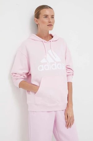 Bavlněná mikina adidas dámská, růžová barva, s kapucí, s potiskem